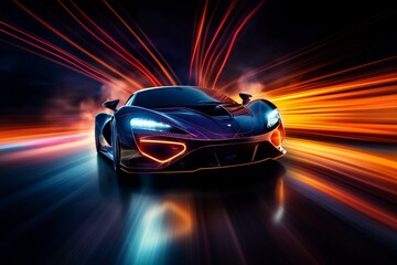 Fototapeta na wymiar Fast car on glowing road. Rapid acceleration on night track with vibrant lights and trails. Generative AI