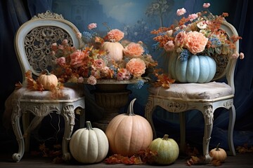 Classic interior with pumpkins and flowers decoration for thanksgiving and halloween