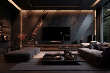 Futuristic dark living room with sofa, TV, and stylish furniture. Impressive 3D rendering with a modern interior design. Generative AI