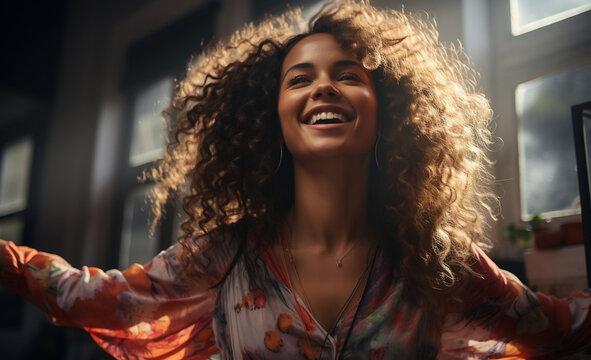 Happy Afro American Woman Dancing On The Sofa At Home - Smiling Girl Enjoying Day Off Lying On The Couch - Healthy Life Style, Good Vibes People And New Home Concept