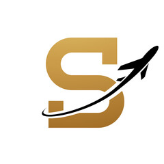 Gold and Black Antique Letter S Icon with an Airplane