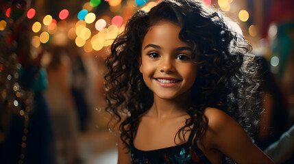 Niña latina de piel morena con ojos negros y expresivos, disfrutando de las fiestas navideñas con luces multicolores, cabello rizado y hermosa sonrisa - obrazy, fototapety, plakaty