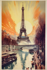 Vintage Paris Poster with Eiffel Tower, AI generated