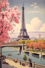 Obraz premium Vintage Paris Poster with Eiffel Tower, AI generated