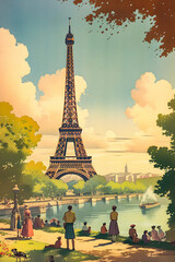 Vintage Paris Poster with Eiffel Tower, AI generated