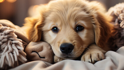 Cute puppy sitting, looking at camera, fluffy fur, playful nature generated by AI