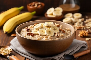 Obraz na płótnie Canvas Nutritious oat meal with sliced banana and nuts, served in a bowl with a spoon. Ideal breakfast for satiety. Generative AI