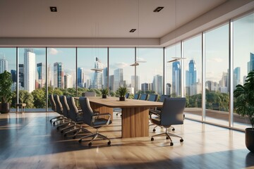 Spacious conference room with city view, concrete tile, wooden flooring, and panoramic windows. Law and legal, boardroom concept. Generative AI
