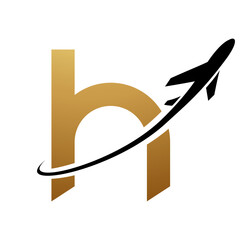 Gold and Black Lowercase Letter H Icon with an Airplane