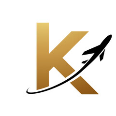 Gold and Black Lowercase Letter K Icon with an Airplane