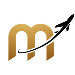 Gold and Black Lowercase Letter M Icon with an Airplane