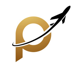 Gold and Black Lowercase Letter P Icon with an Airplane
