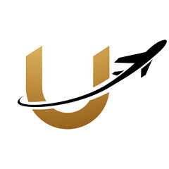 Gold and Black Lowercase Letter U Icon with an Airplane