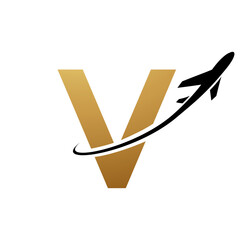 Gold and Black Lowercase Letter V Icon with an Airplane