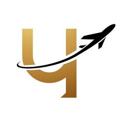 Gold and Black Lowercase Letter Y Icon with an Airplane