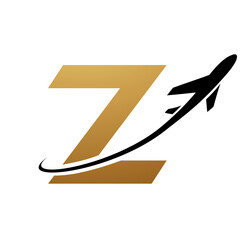 Gold and Black Lowercase Letter Z Icon with an Airplane