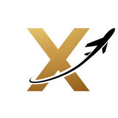 Gold and Black Lowercase Letter X Icon with an Airplane
