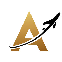 Gold and Black Uppercase Letter A Icon with an Airplane