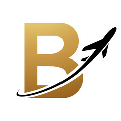 Gold and Black Uppercase Letter B Icon with an Airplane