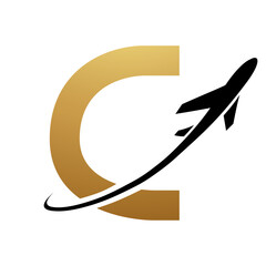 Gold and Black Uppercase Letter C Icon with an Airplane