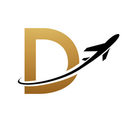 Gold and Black Uppercase Letter D Icon with an Airplane