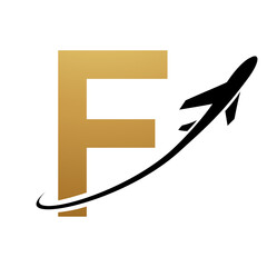 Gold and Black Uppercase Letter F Icon with an Airplane