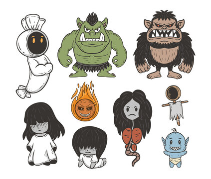 Indonesian Ghost, Pocong, Buto Ijo, Banaspati, Genderuwo, Kuntilanak, Suster Ngesot, Kuyang, Jailangkung, Tuyul cartoon doodle vector illustration