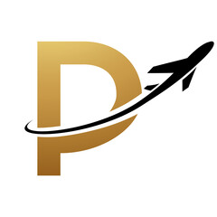 Gold and Black Uppercase Letter P Icon with an Airplane