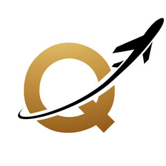 Gold and Black Uppercase Letter Q Icon with an Airplane