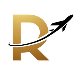 Gold and Black Uppercase Letter R Icon with an Airplane