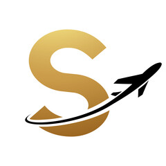 Gold and Black Uppercase Letter S Icon with an Airplane