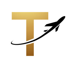 Gold and Black Uppercase Letter T Icon with an Airplane