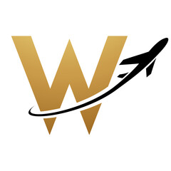Gold and Black Uppercase Letter W Icon with an Airplane