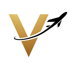 Gold and Black Uppercase Letter V Icon with an Airplane