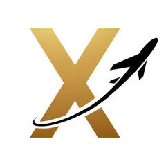 Gold and Black Uppercase Letter X Icon with an Airplane
