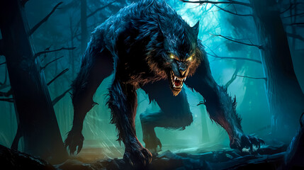 werewolf in the night forest at full moon