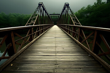 Obraz premium Beautiful wooden bridge over the river in the mountains nature view.