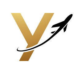 Gold and Black Uppercase Letter Y Icon with an Airplane