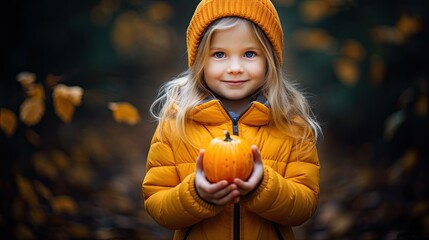 Little cute girl holding a small orange pumpkin