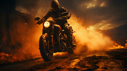 Rider on a motorcycle on burning background
