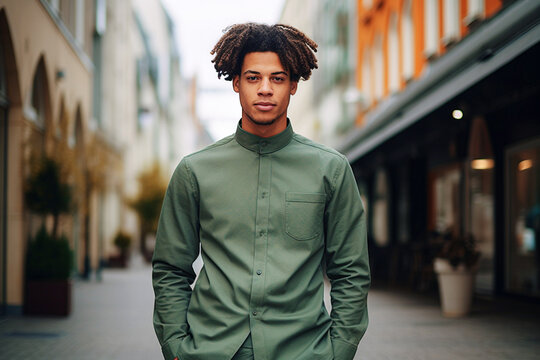 Stylish african american man in green shirt posing outdoor. Selective focus.  