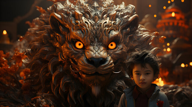 Chinese dragon and little boy