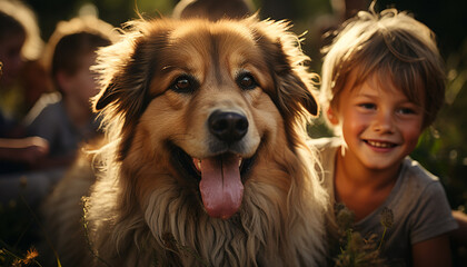 Cute dog and cheerful child playing outdoors, pure happiness together generated by AI