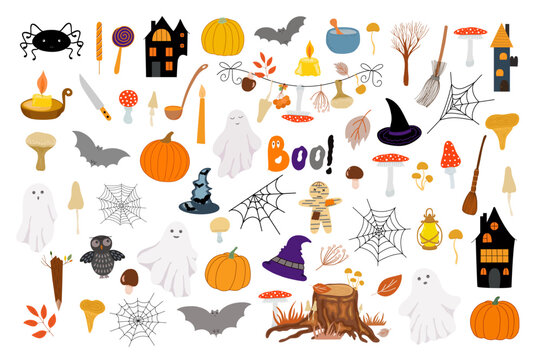 Halloween elements set, cartoon doodle autumn holiday celebration decor, cute spooky boo simple character vector illustrations, trendy holiday symbols bat, ghost, voodoo, haunted, spider web, pumpkin