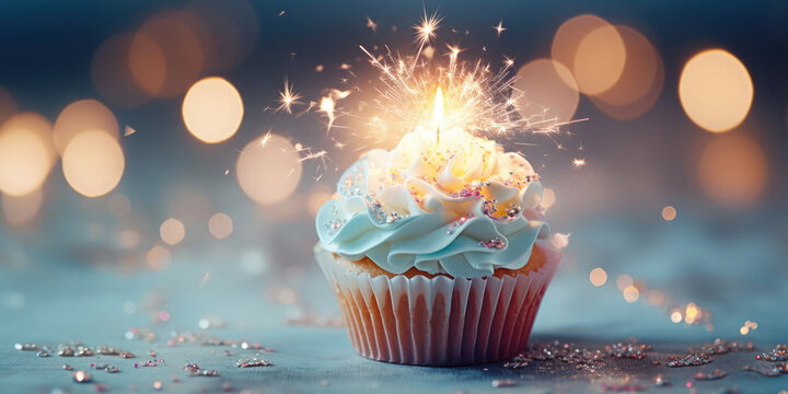 Blue Birthday Cup Cake Background Image with copy space