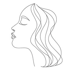 Woman profile with long hair. Portrait female beauty concept. Continuous line drawing vector illustration