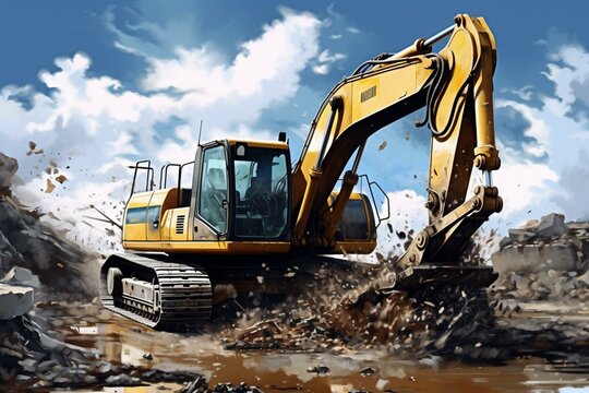 Construction work: excavator digging. Generative AI