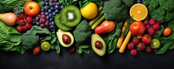 Assorted fruits and color vegetables top view. wide vegetable banner. - obrazy, fototapety, plakaty