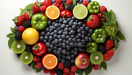 Freshness of healthy eating strawberry, orange, raspberry, organic, grape, lime, lemon, blueberry, kiwi, apple generated by AI