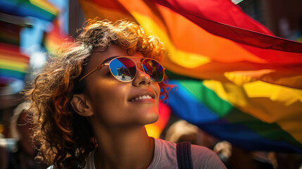 portrait of a woman on pride parade with rainbow flag